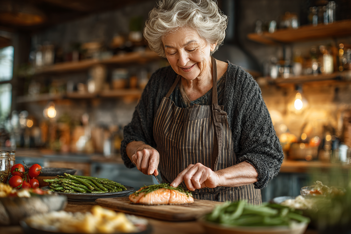 Elégedett senior pár egészséges ételekkel